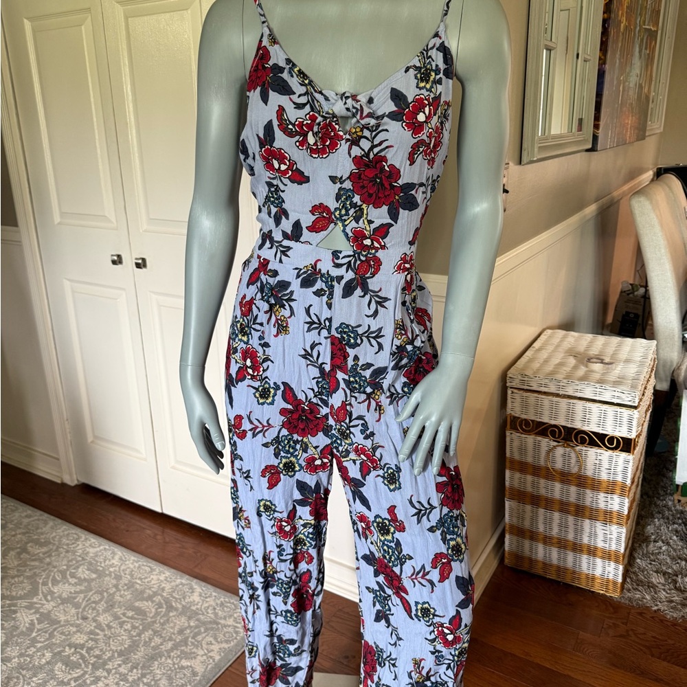 Moral Fiber Floral Jumpsuit with Red and Blue Hues